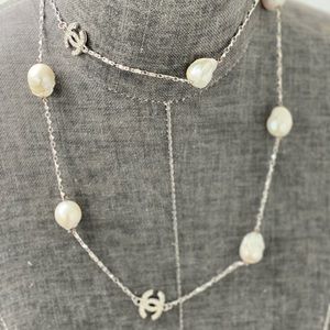 Chanel Like FreshWater Pearl and Rhinestone Long Chain Silver Necklace
